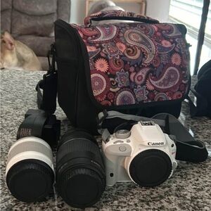 Canon White Camera with Lenses and Paisley Bag